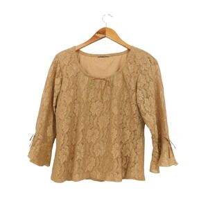 Vintage Womens Lace Top 3/4 Bell Sleeve Scoop Neck Tie Detail Tan Y2K Fairy